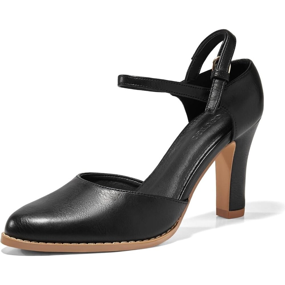 Women's Black Chunky High Heels Closed Pointed Toe Ankle Strap Pumps Shoes